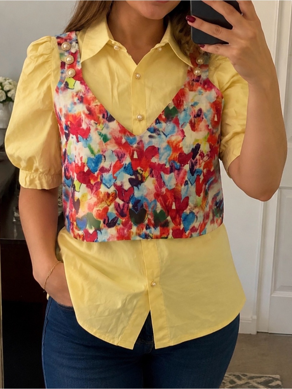 Multicolor Heart Print Crop Vest with Pearl Straps - Yellow Shirt